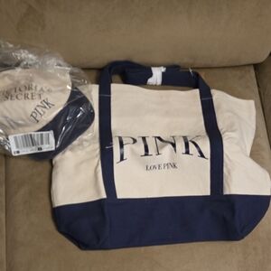 Victoria's Secret Pink Cream and Navy Tote with Cap